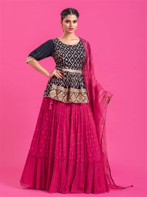 Midnight Blue & Pink Peplum Style Lehenga Set – Tirumala Designers