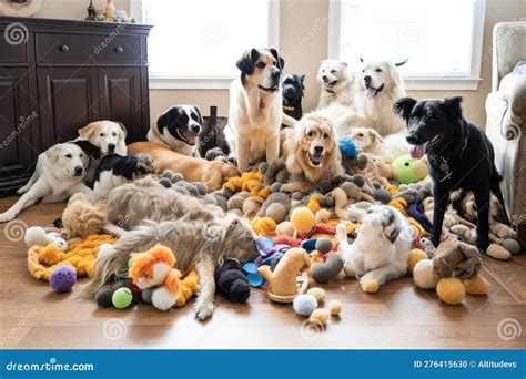 Pile of Dog Toys in Living Room, with Many Dogs Playing and Running Around Stock Illustration ...