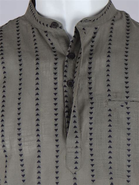 Men Cotton Short Length Self Design Pocket Kurta Beige Grey RJ48