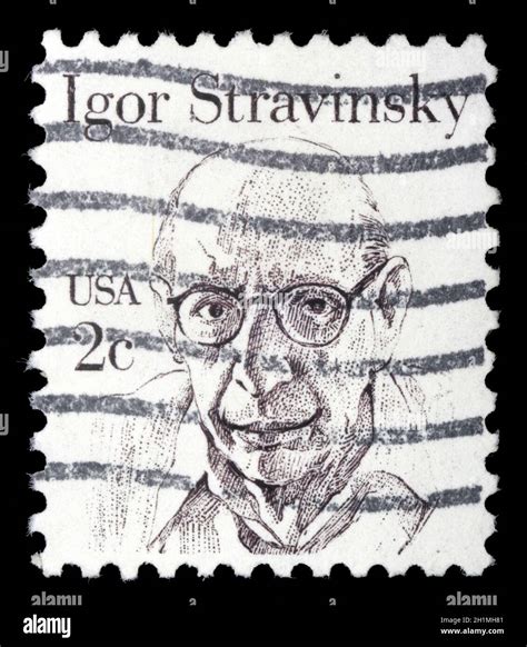 Stamp printed in the USA shows image of composer Igor Stravinsky, circa ...