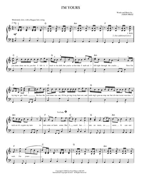 I'm Yours Sheet Music | Jason Mraz | Piano, Vocal & Guitar Chords ...