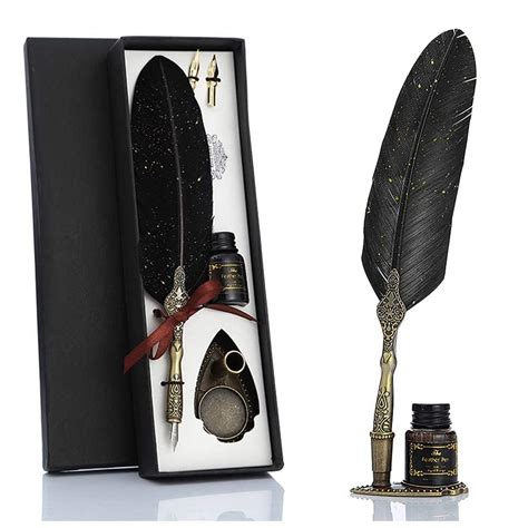 Dhairya Luxury Feather Quill Dip Pen Set, Includes 2 Extra Nibs & Stand ...