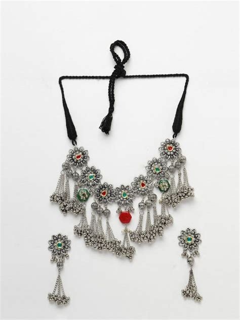 Silver-Plated Stone-Studded Oxidised Jewellery Set