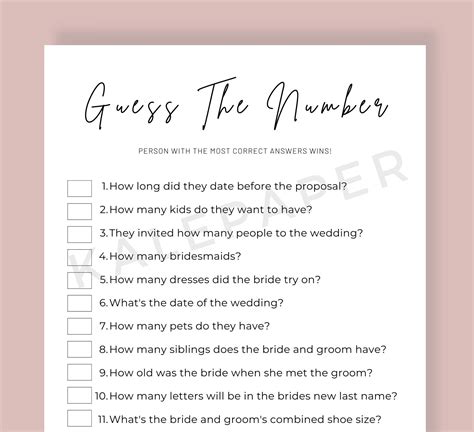 Guess the Number Bridal Shower Game, Bachelorette Party Games, Wedding ...