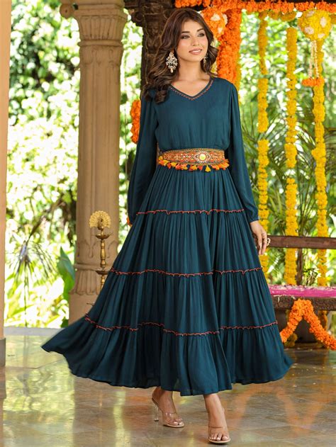 Bottle Green Rayon Crepe Tiered Maxi Dress with Thread Embroidery ...