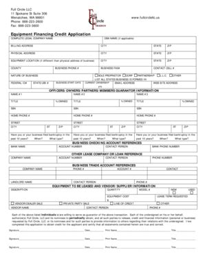 Fillable Online Equipment Financing Credit Application - Full Circle ...