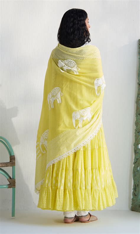 Gaj Yellow Block Printed Tiered Anarkali With Churidar And Dupatta (Se ...