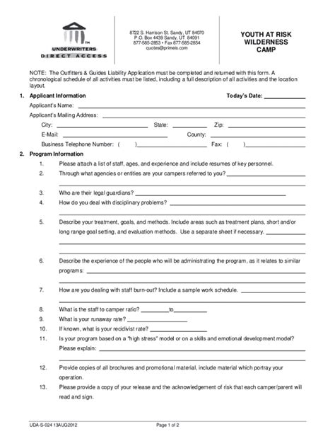 Fillable Online NOTE: The Outfitters & Guides Liability Application ...