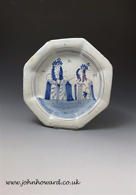 English delftware pottery dish with double royal portraits of King ...