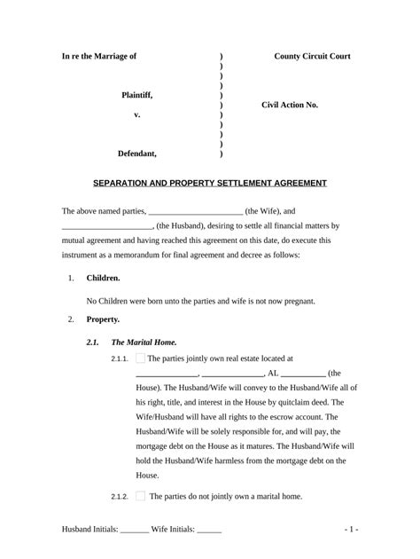 Alabama Separation and Property Settlement Agreement - Blank Fillable ...