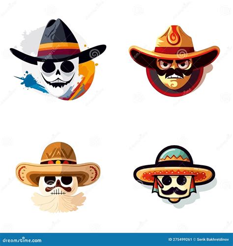 Characters in Mexican and Cowboy Hats, Masks for Holidays and Carnivals ...