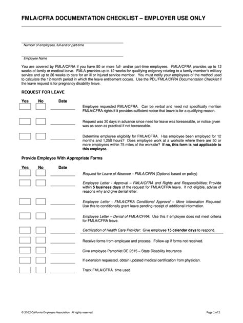FMLA/CFRA Documentation Checklist - Blank Fillable Template | Fill Out ...