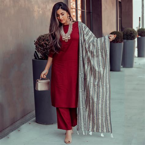 Buy Maroon Salwar Kurta Set with Grey Dupatta | Rustorange