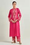 Buy Fuchsia Silk, Chanderi Sequins, Embroidery Boat Neck Floral Kurta ...