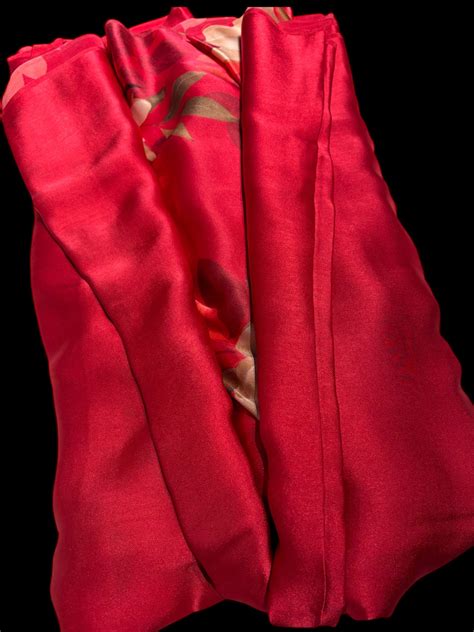 CRIMSON RED PURE SATIN SILK PLAIN SAREE WITH PRINTED SATIN BLOUSE (DEL ...