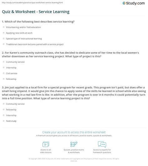 Quiz & Worksheet - Service Learning | Study.com