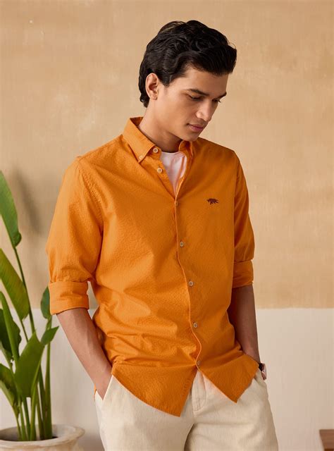 Buy Marigold Seersucker Shirt | Casual Orange Solid Shirt for Men ...