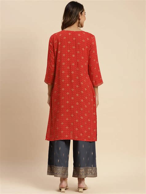 Rayon All Over Gold Ethnic Print Calf Length Straight Kurta –Rangita