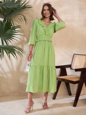 Buy KASSUALLY Green V-Neck Frill Waist Pleated Dress Online
