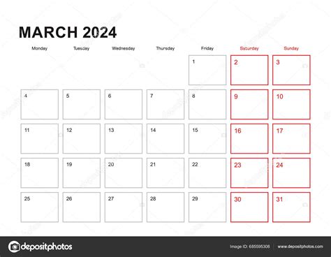 Planificador Pared Para Marzo 2024 Idioma Inglés Semana Comienza Lunes ...