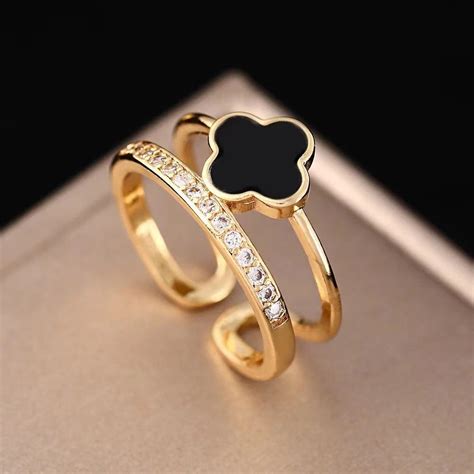 Gold Plated Black Clover Adjustable Ring | MYKI