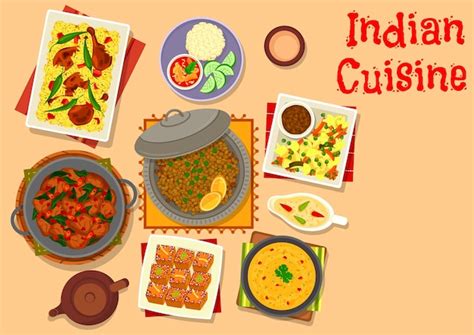 Dania obiadowe kuchni indyjskiej z deserową ikoną curry z jagnięciną i ...