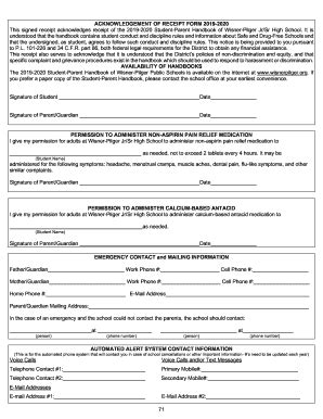 Fillable Online ACKNOWLEDGEMENT OF RECEIPT FORM 2019-2020 Fax Email ...