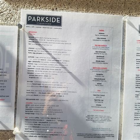 Menu at Parkside Cafe, Stinson Beach