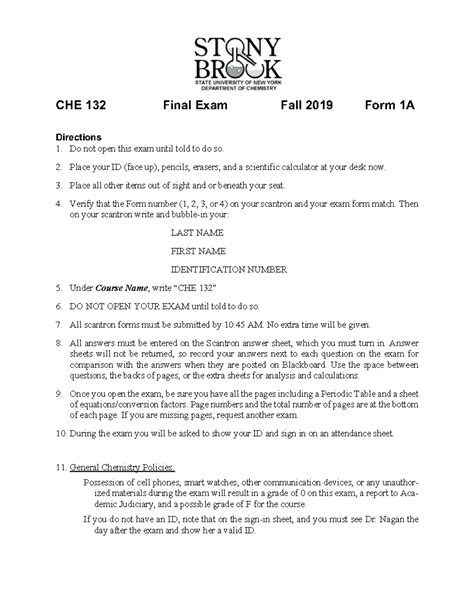 F19 CHE 132 Final Exam Fall 2019 Form 1A Instructions and Questions ...