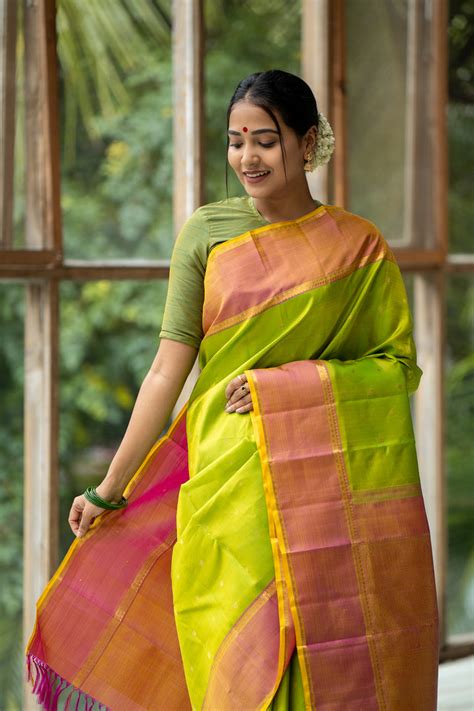 Lime Green and Peach Pure Zari Kanchipuram Silk Saree – Clio Silks