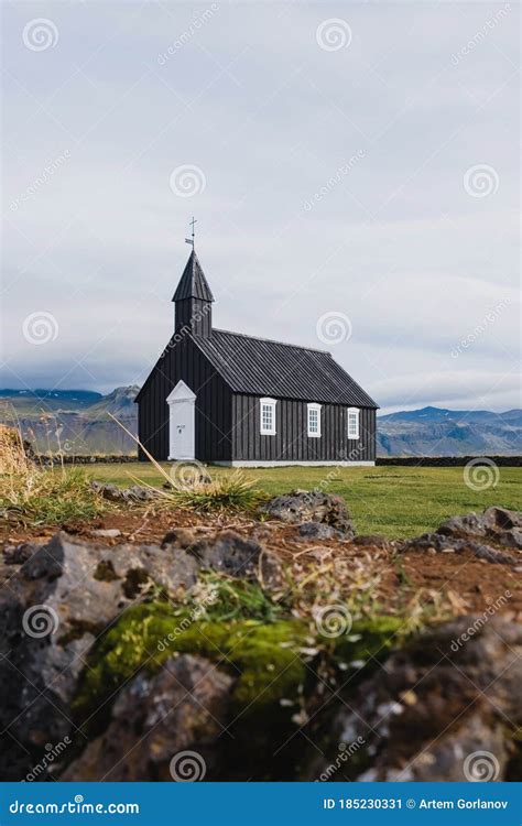 Black Church in the Meadow and Field in Iceland. Icelandic Scenic ...