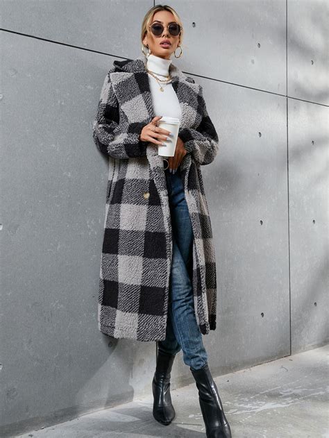 Buffalo Plaid Pattern Lapel Neck Teddy Coat | Plaid wool coat, Grey ...