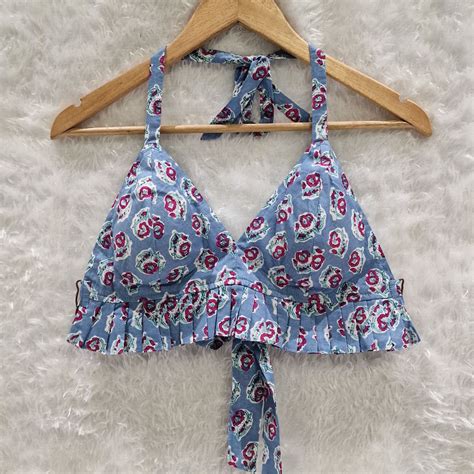 Light Blue Floral Printed Cotton Pleated Bralette Top – Westoraa