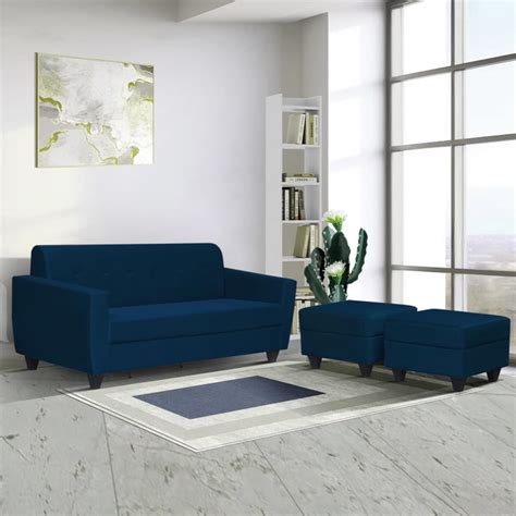 FURNY Aura 3 Seater Fabric Sofa Set with 2 Puffys for Living Room (Blue ...