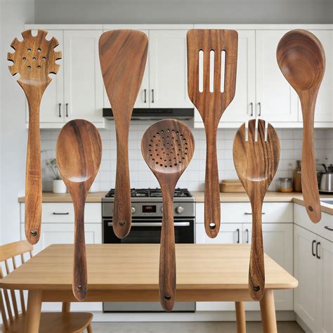 QIANXING Teak Wood Kitchen Utensils Set For Non-Stick Cookware - 7 ...