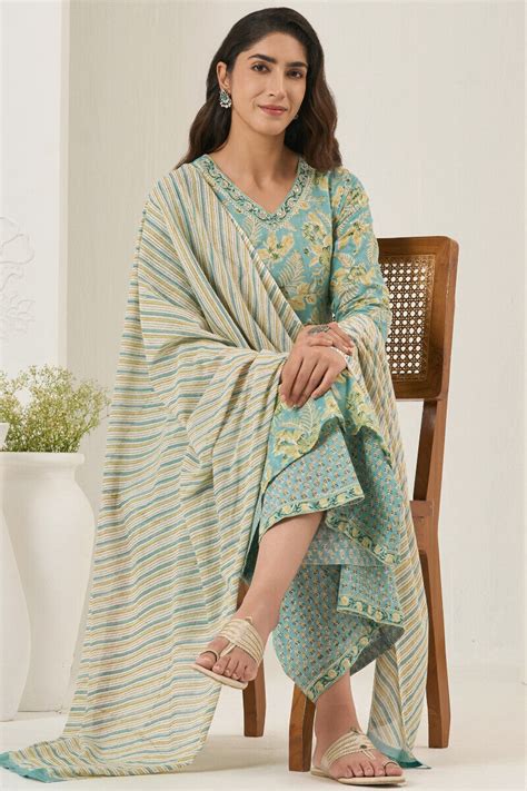 Buy Turquoise Hand Block Printed A-Line Cotton Kurta for Women ...