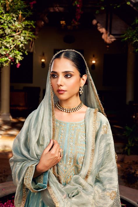 Aqua Blue Tissue Anarkali Inayat Kurta Set of 3 – ITRAAKE