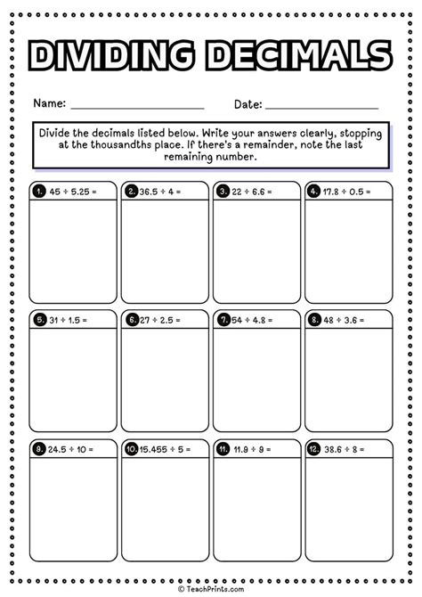 Free Dividing Decimals Worksheets - Teach Prints