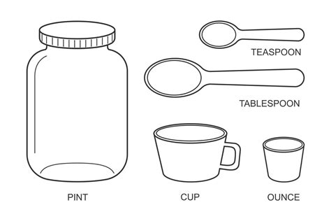 Pint, cup, ounce, tablespoon, teaspoon icons. Basic kitchen metric units of cooking measurements ...