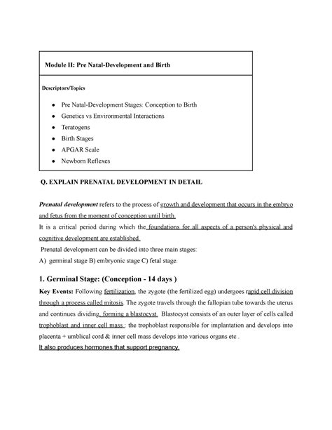 Module 2 Life span development prenatal development - Module II: Pre ...