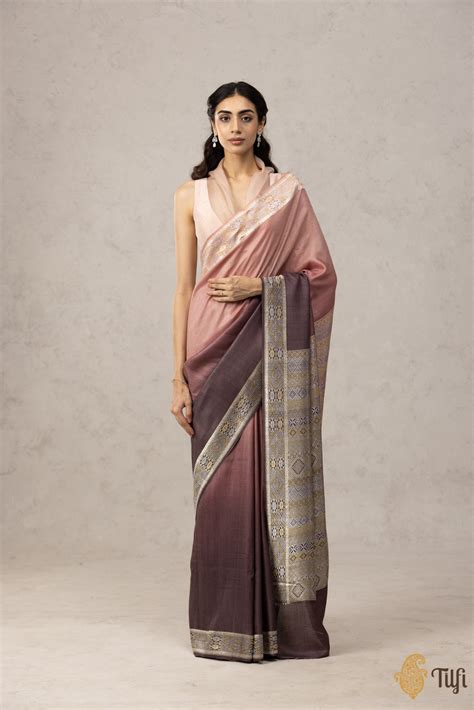 Pre-Order: Rosy Pink-Brown Ombré Pure Tussar Georgette Silk Banarasi H ...
