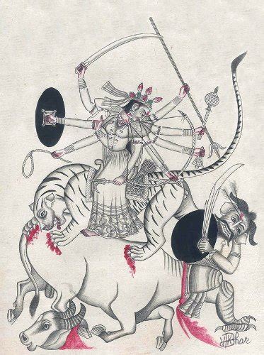 Exotic India Goddess Durga Slaying the Demon Mahisha - Watercolor on ...