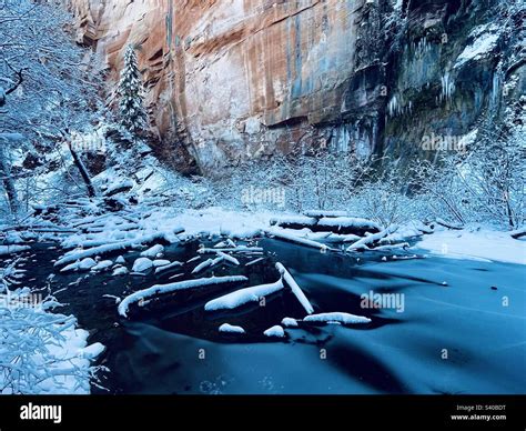 Icy cold frozen stream with snow covered logs in winter wonderland ...