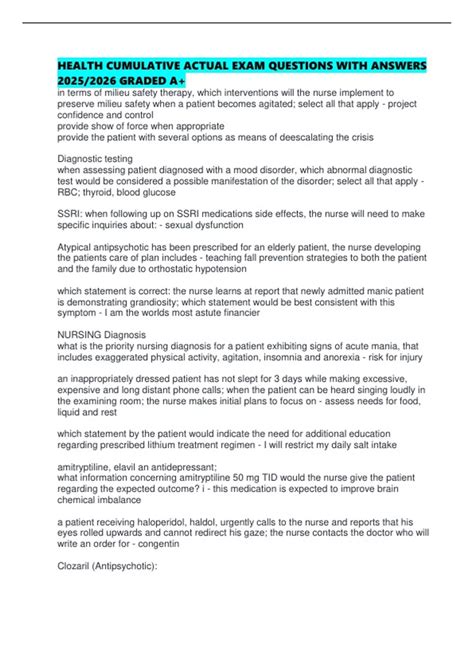 HEALTH CUMULATIVE ACTUAL EXAM QUESTIONS WITH ANSWERS 2025/2026 GRADED A+ - HEALTH CUMULATIVE ...