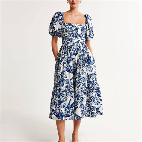 ABERCROMBIE Emerson Poplin Puff Sleeve Midi Dress White floral/blue S ...