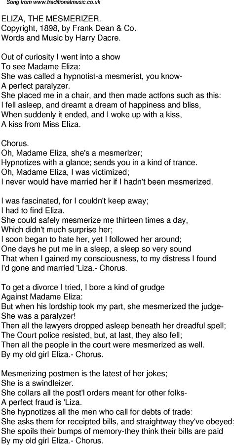 Old Time Song Lyrics for 50 Eliza The Mesmerizer