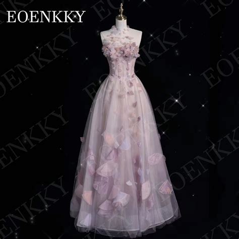 EOENKKY Luxury Strapless Prom Dress Elegant 3D Flowers A Line Evening ...