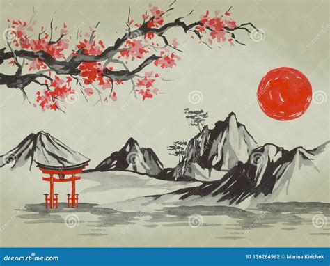 Japan Traditional Sumi-e Painting. Watercolor and Ink Illustration in ...
