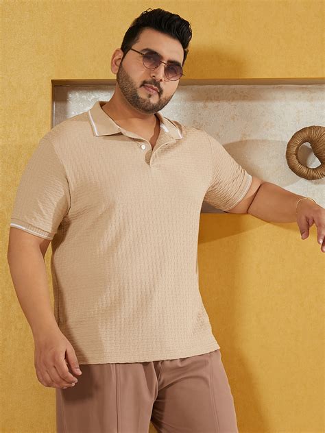 Instafab Plus Men's Saltbox Beige Interweave-Textured Polo T-Shirt