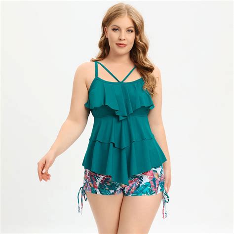Plus Size Floral Print Green Layered Strappy High Waisted Swimsuit ...